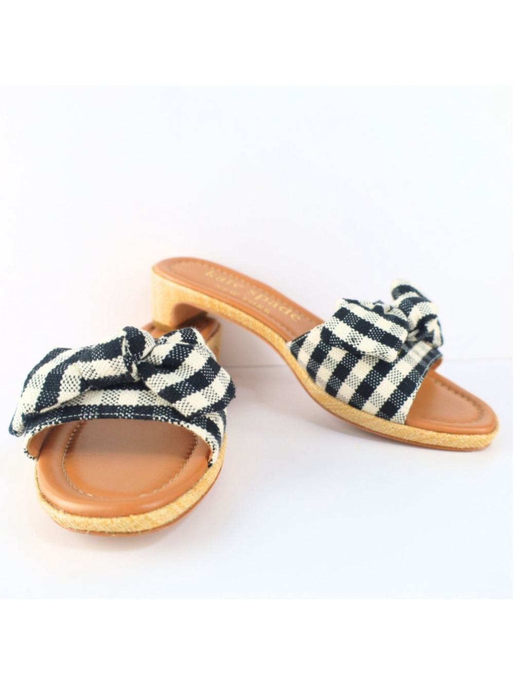 Lilah Gingham Knotted Bow Slide Sandals Black/White 6 B - Picture 5 of 11